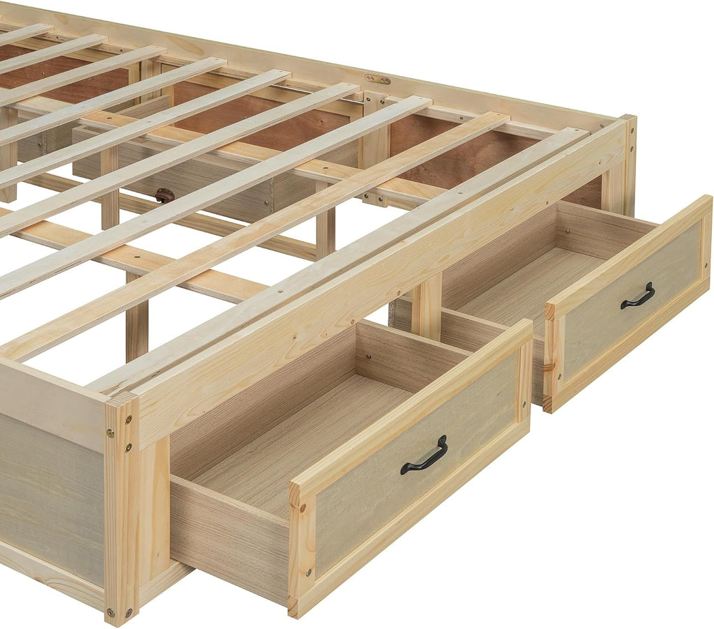 Japanese Low Platform Wooden Bed Frame with 6 Antique Natural Storage Drawers, Farmhouse Floor Beds
