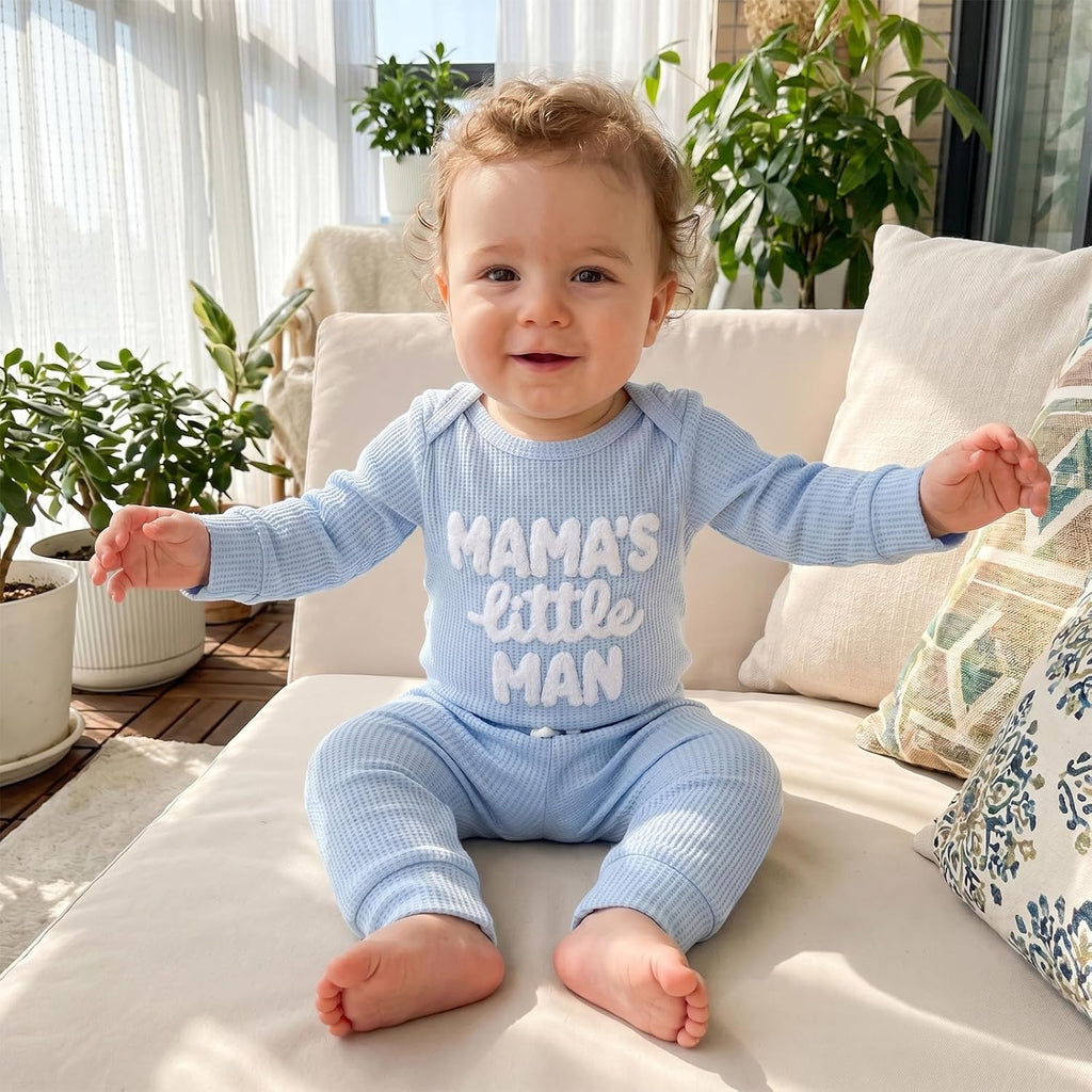 Waffle Knit Baby Boy Clothes Letters Embroidered Romper Pants Set
