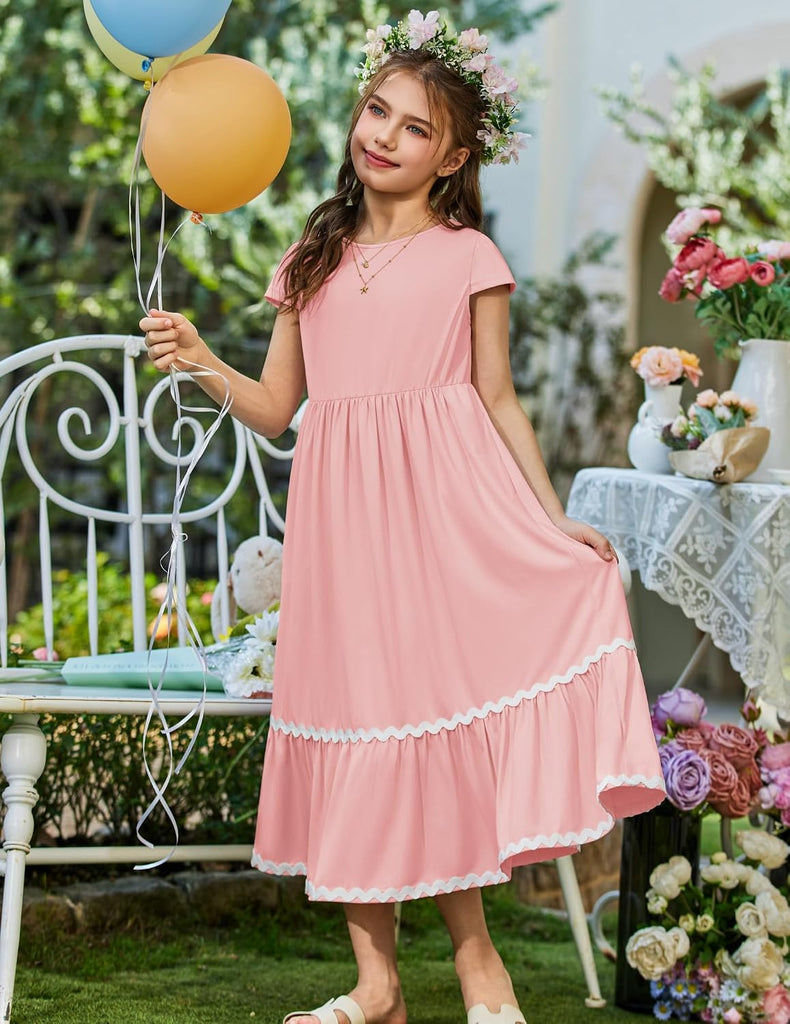 Girls Summer Maxi Dresses Short Sleeve Casual Flowy Tiered Dress