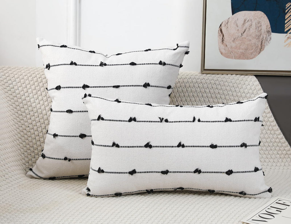 Set of 2 Boho Throw Pillow Covers 30x30, Black Off White Neutral Couch Pillow Case with Tassel Fringe