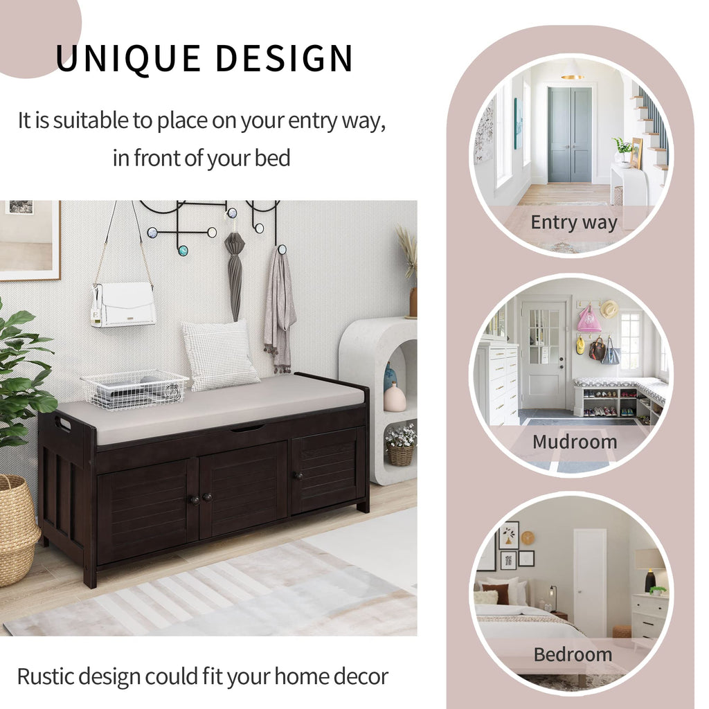 Farmhouse Solid WOD Entryway Bench with Seat Cushion Multifunctional Shoe Storage Cabinets Living Room Bedroom