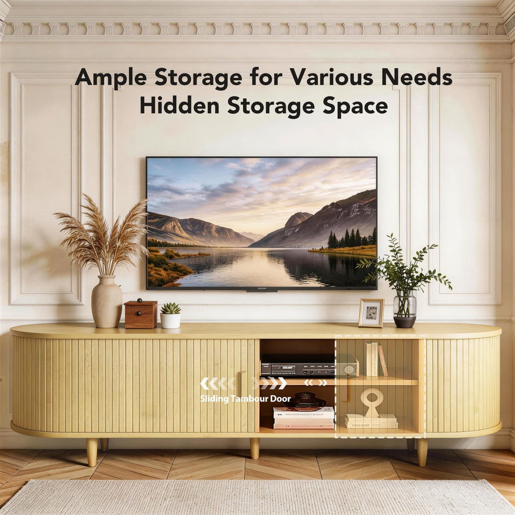 65" TV Stand with Sliding Doors, Mid Century Modern Entertainment Center, TV Console with Fluted Door Cabinets and