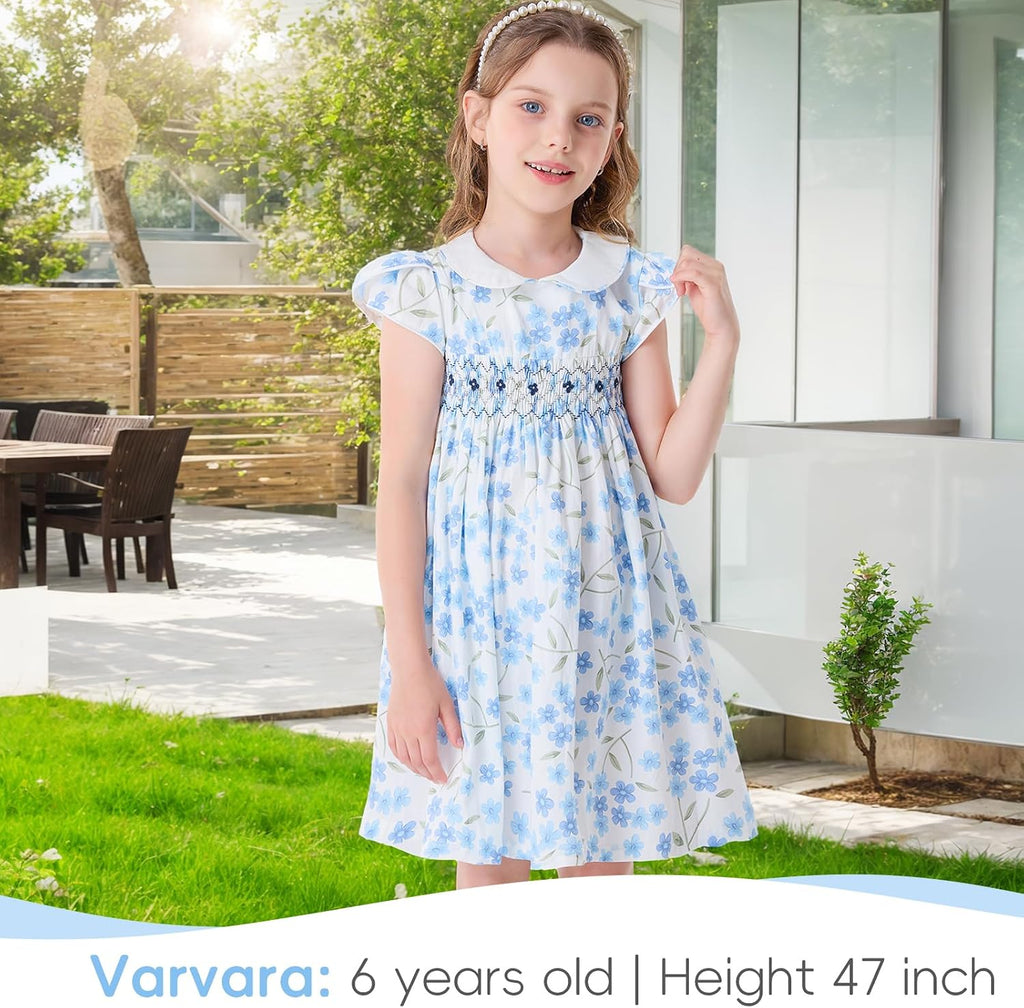 Girls Smocked Blue Dress Toddler Floral Summer Dress Vintage Dresses Kindergarten Graduation Dress