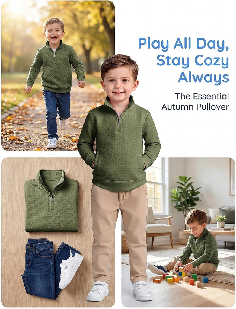 Toddler Boys Quarter Zip Quilted Sweatshirts Baby Kids High Neck Long Sleeve Pullover Shirt Clothes