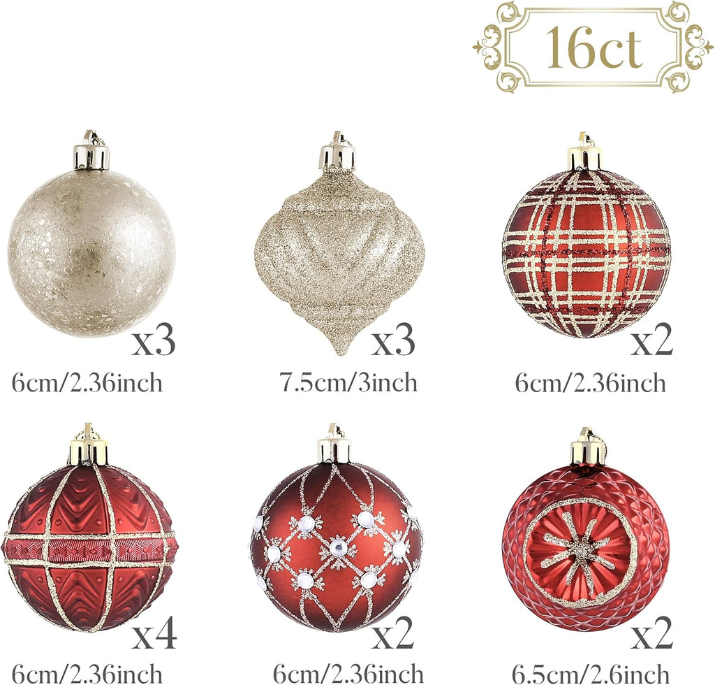Christmas Tree Ornaments Set, 16ct Burgundy and Gold Shatterproof Christmas Tree Decorations&Lighted Christmas Angel
