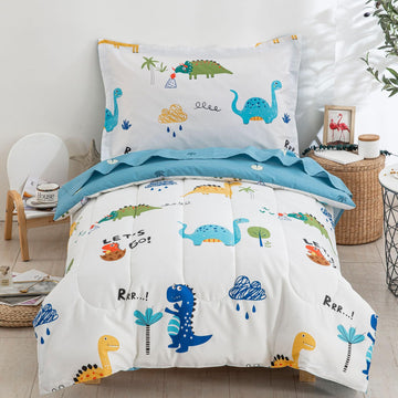 Cotton Toddler Bedding Set, 4 Pieces Dinosaur Kids Bed Comforter Set