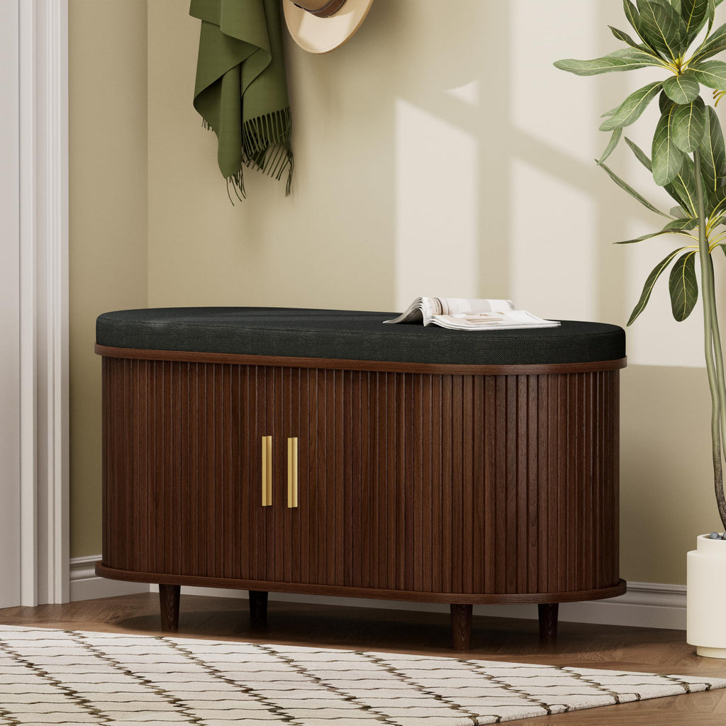 2-Tier Storage Bench, Wide Shoe Bench with Thickened Padded Seat Cushion, Mid Century Modern Fluted Sliding Door and