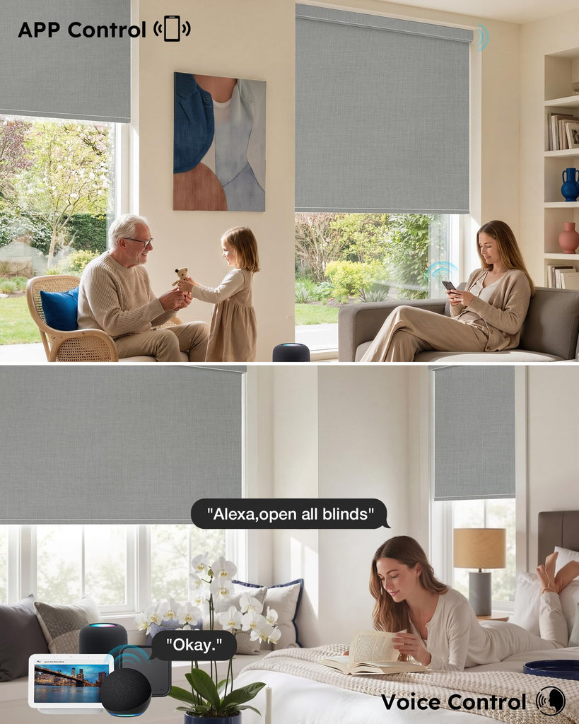 Motorized Blinds with Remote, APP, Voice Control, 100% Blackout Shades