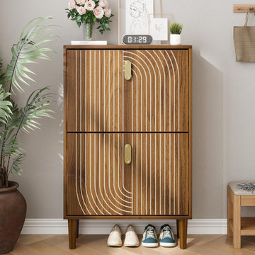Walnut Shoe Cabinet with 2 Flip Drawers, Narrow Shoe Storage Cabinet with Wood Leg, Freestanding Slim Shoe Organizer