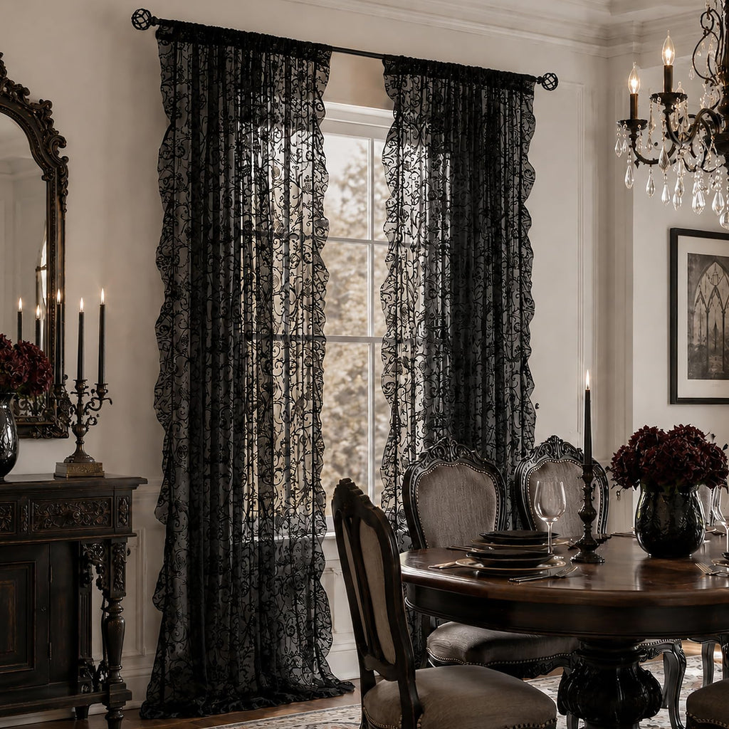 Black Ruffle Curtains 90 Inches Long - Boho Floral Semi Sheer Black Lace Curtains, Old House Tulle Rod Pocket Light