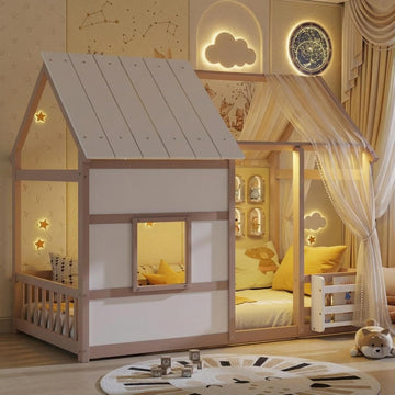 House Floor Bed with Bookshelf and 7-Color LED Lights, Cream+White
