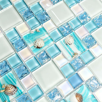 Coastal Glass Mosaic Tile, Blue Iridescent, 5 Sq Ft