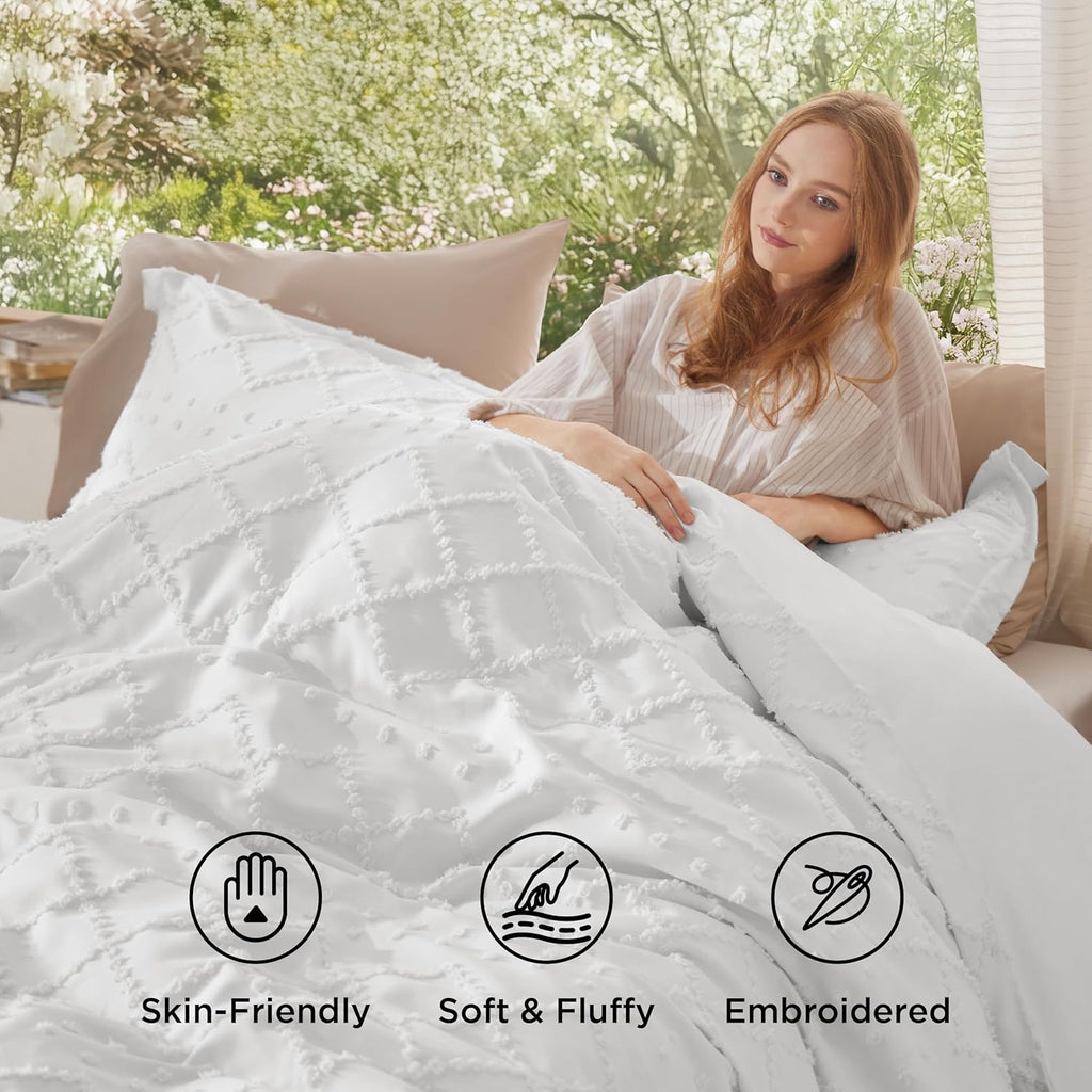 Boho Duvet Cover Queen - White Breathable & Soft Boho Bedding, Machine Washable Comforter Cover for All Seasons