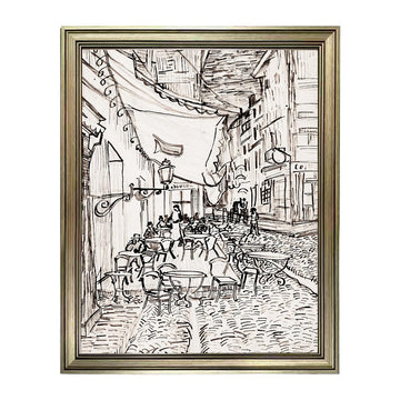 Vintage Framed Van Gogh Wall Art Paris Café Terrace Night Exhibition Print Poster Black and White Pen Drawing Sketch