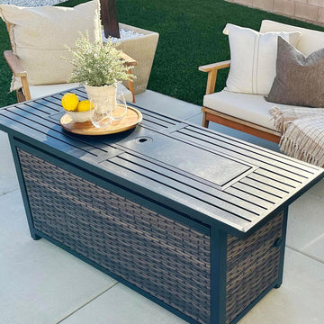 56 Inch Gas Fire Pit Table Outdoor Rattan Propane Fire Table & Fireplace with Fire Glass, Lid, 50,000 BTU Firepits for Outside Patio