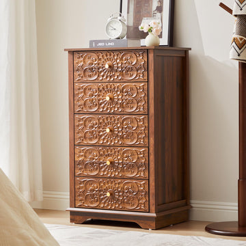 5 Drawer Dresser, 20"W Narrow Chest of Drawers, Walnut Floral