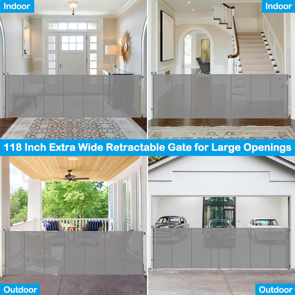 Reinforced 42" Extra Tall X 120" Extra Wide Retractable Dog Gate for Doorways Wide Pet Gate Indoor Prevent Kid/Pet