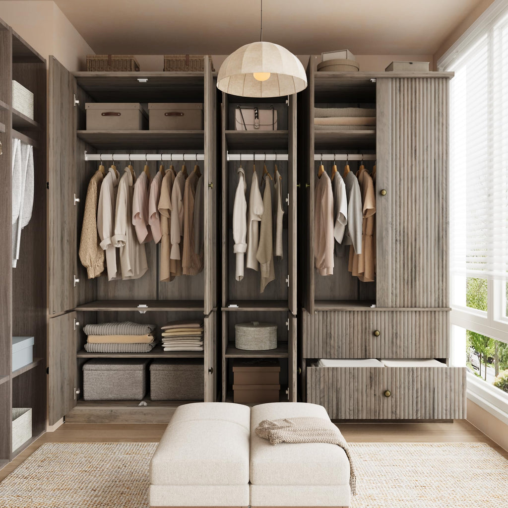72" Wood Armoire Wardrobe Closet, Fluted, 4 Doors, Retro Gray