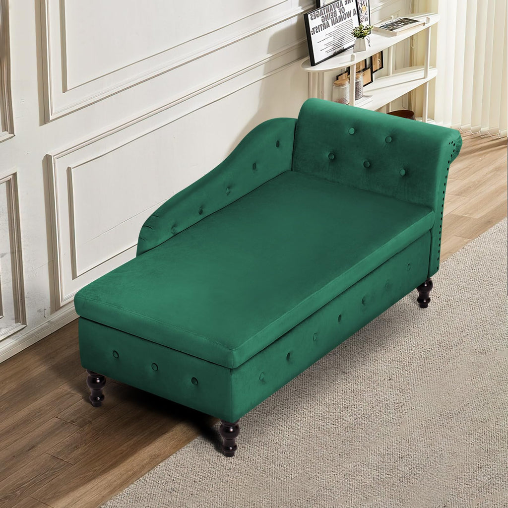 Velvet Chaise Lounge w/Right Armrest & Storage Space, Green
