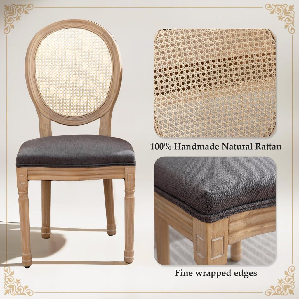 French Dining Chairs Set of 6, Vantage Dining Chair with Round Back, Wood Leg Farmhouse Country Rattan Dining Chair