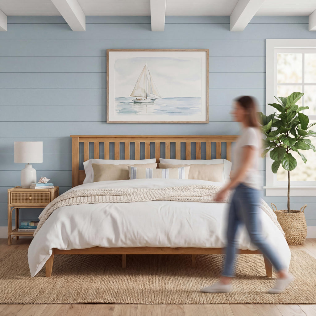 Wood Platform Bed - Pine, King, Bed & Mission-Style Headboard