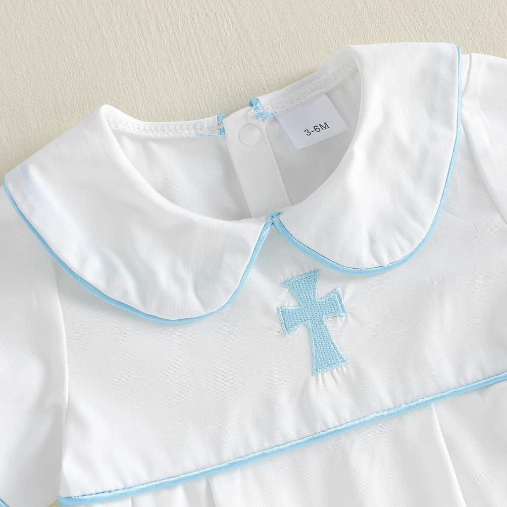 Newborn Baby Boy Baptism Outfit Bubble Romper Peter Pan Bodysuit Cross Jumpsuit Infant Church Outfit (White