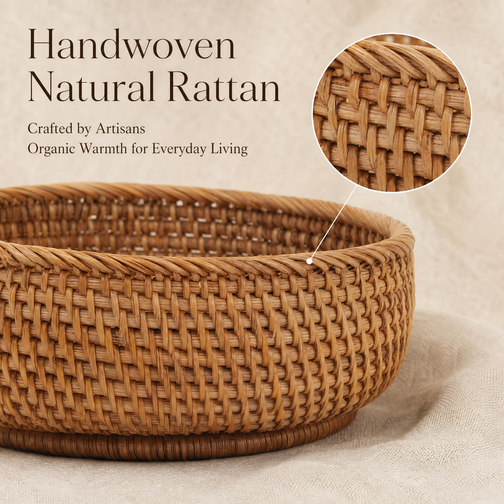 10.6" Large Round Rattan Bread Fruit Basket - Wicker Storage Basket Serving Bowl, Decorative Tabletop Food Basket