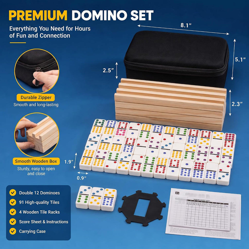 Double 12 Jumbo Dominoes Tiles Set for Adults Mexican Train - 91 Colored Dot Domino Tiles with 4 Wooden Racks, Center - Set of 91