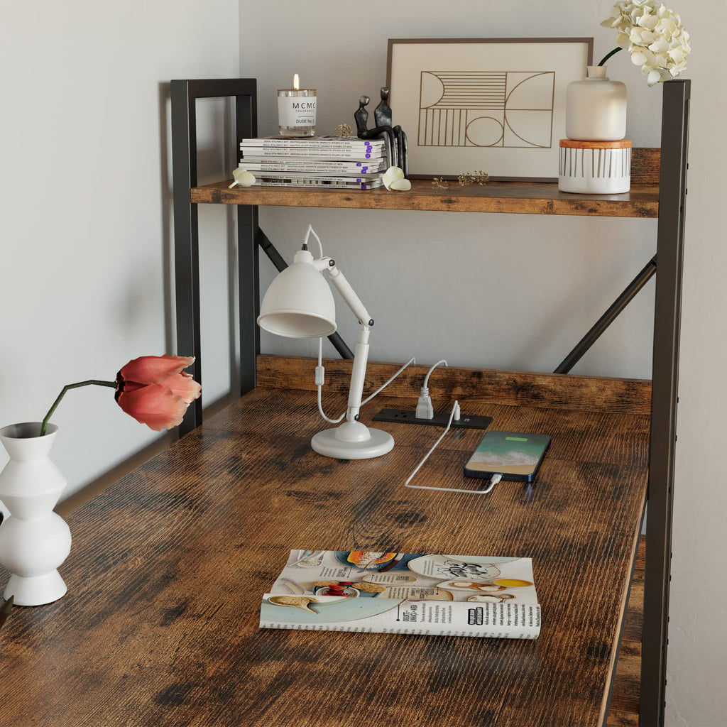 Computer Desk 55" with Power Outlet and Storage Shelves, Rustic Brown