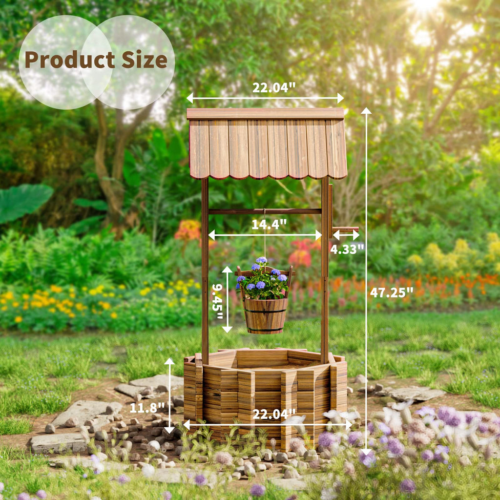 Rustic Solid Fir Wood Wishing Well Planter for Outdoor Plants, 16.5 in Diameter