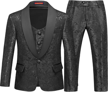 Boys Suit 3 Pieces Slim Fit Tuxedo Formal Set with Floral Jacquard Jacket Pant Vest for Wedding Prom Party