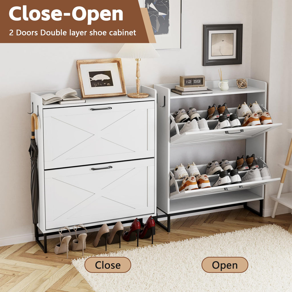 Shoe Cabinet Storage Hidden Shoes Storage Cabinet with 2 Rattan Flip Drawers, Shoes Cabinet with Adjustable Shelves