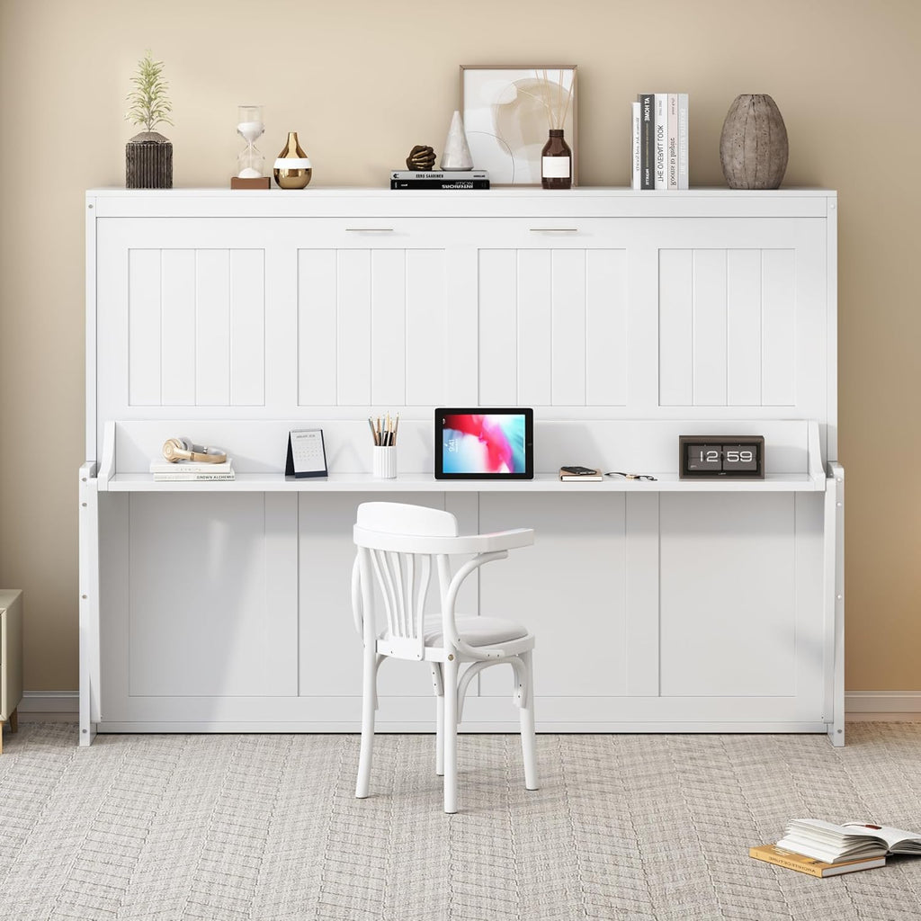 Horizontal Murphy Bed Queen,Hidden Folding Wall Bed Frame with Hydraulic Lift&Desk,Wood Cabinet Platform Bed can be