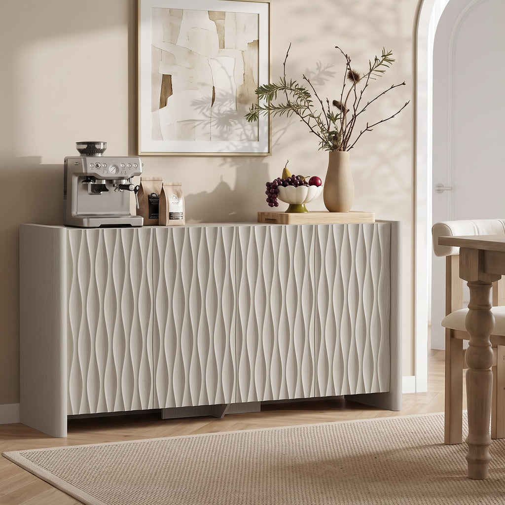 61" Textured Wave Sideboard Buffet Cabinet with Storage, Off White