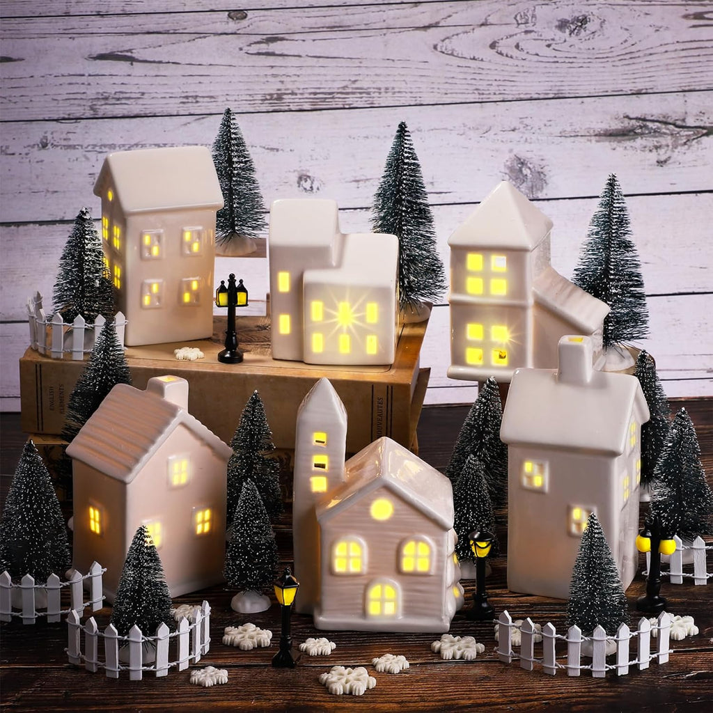 39 Pieces LED Lighted Ceramic Winter Village Building Figurines and Accessories Desktop Ornament Set for Holiday