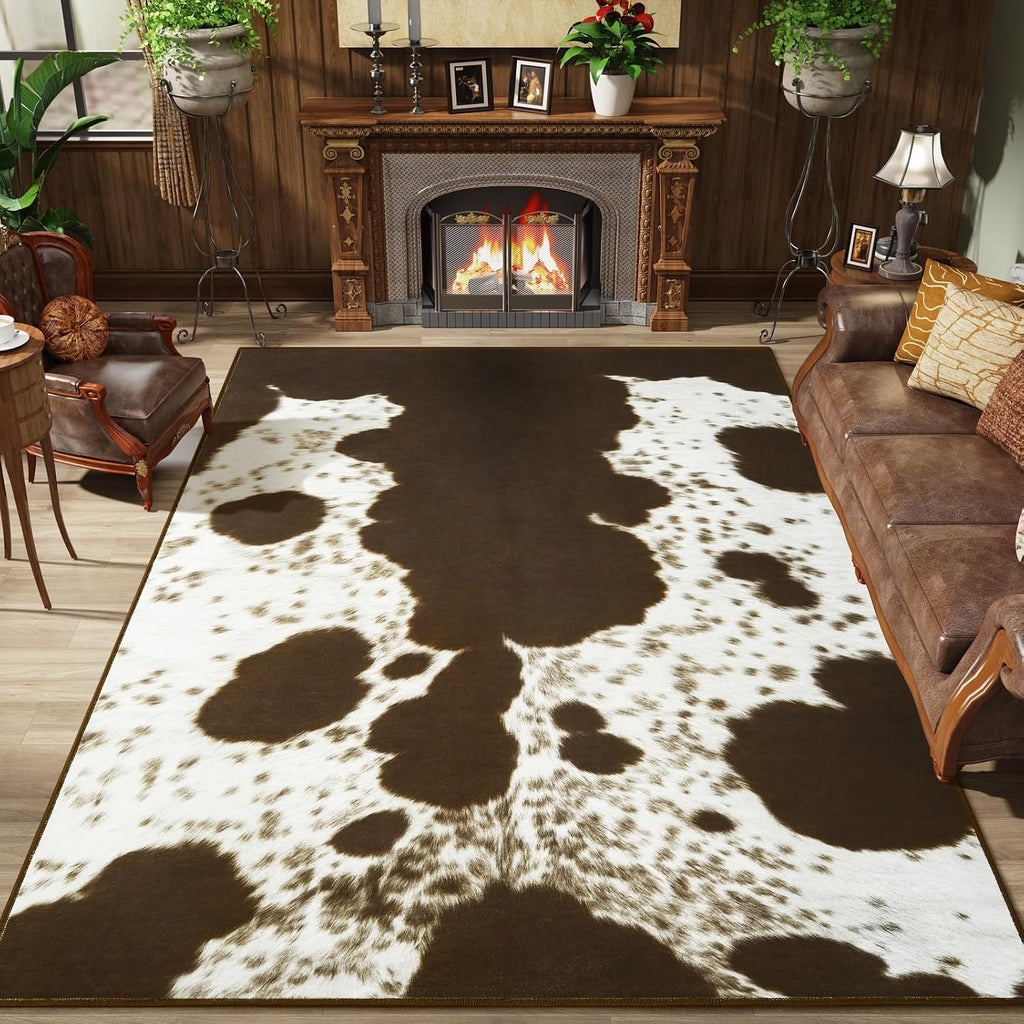 Faux Cowhide Rugs Bedroom, 8x10 Cow Print Area Rug | Machine Washable Non-Slip Stain Resistant Rug Premium Western