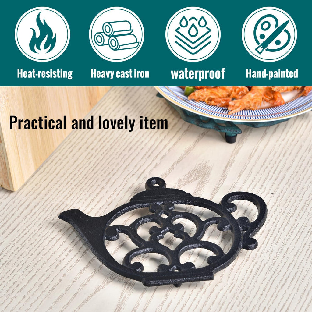 Heavy Duty Cast Iron Trivet,Decorative Rustproof Black Trivet or Dinning Table,7.9" x 6" with Vintage Lovely Teapot