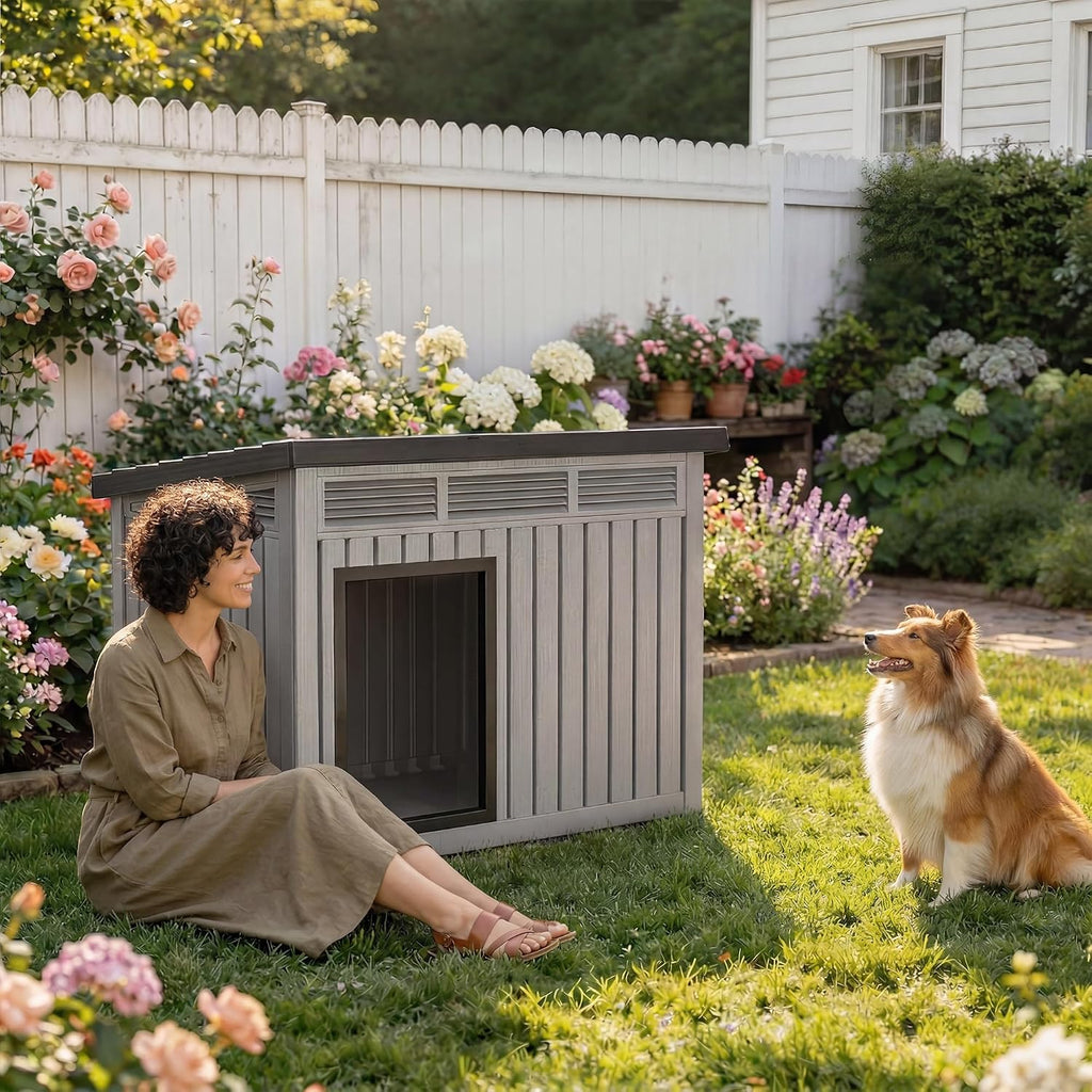 Small Dog House, Weatherproof Resin Dog House Outdoor with Sloped Roof & Ventilation, Indoor Outdoor Small Dog House