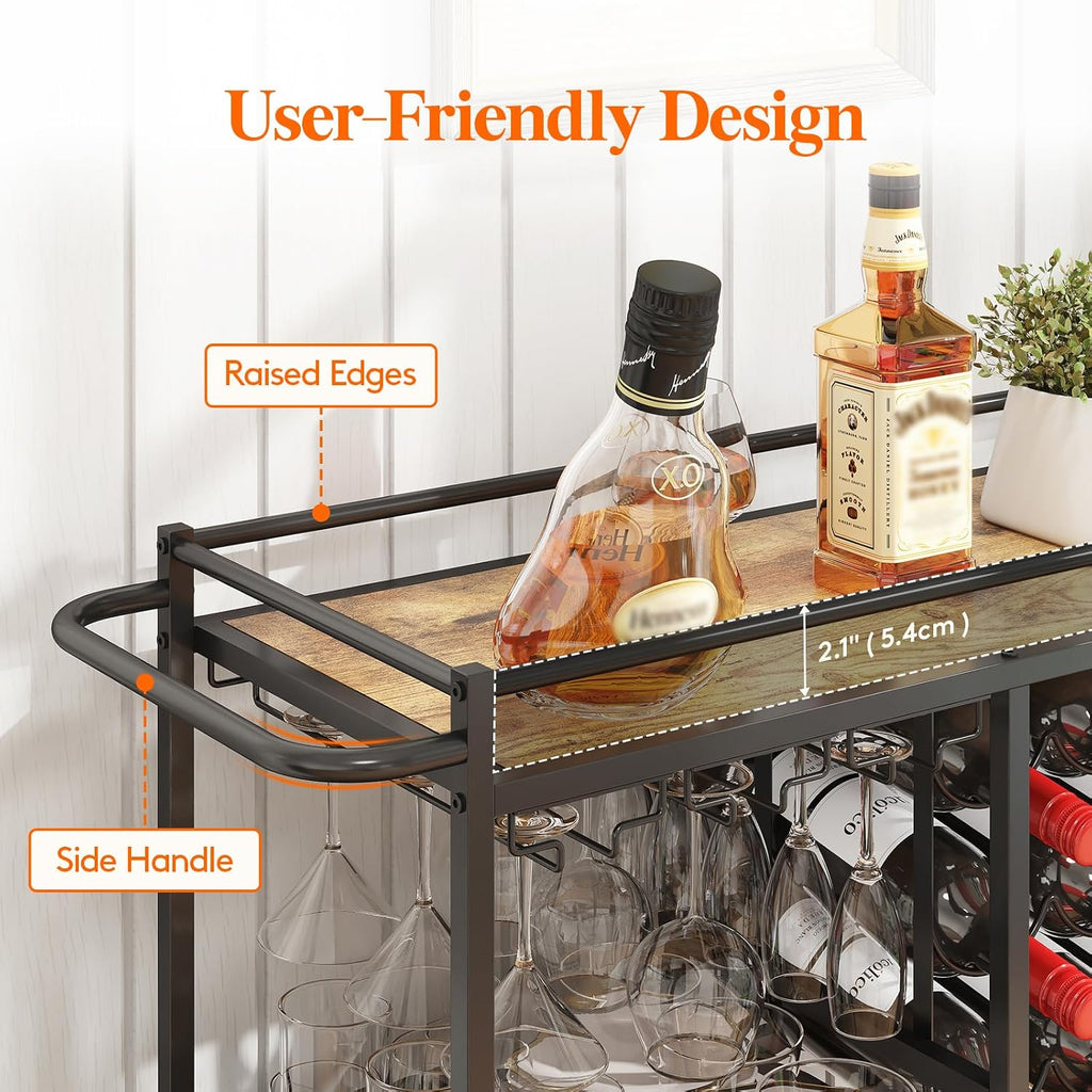 3 Tier Rolling Serving Bar Cart with Lockable Wheels, Rustic Brown | 12 wine rack and 3 rows glass holders, liquor