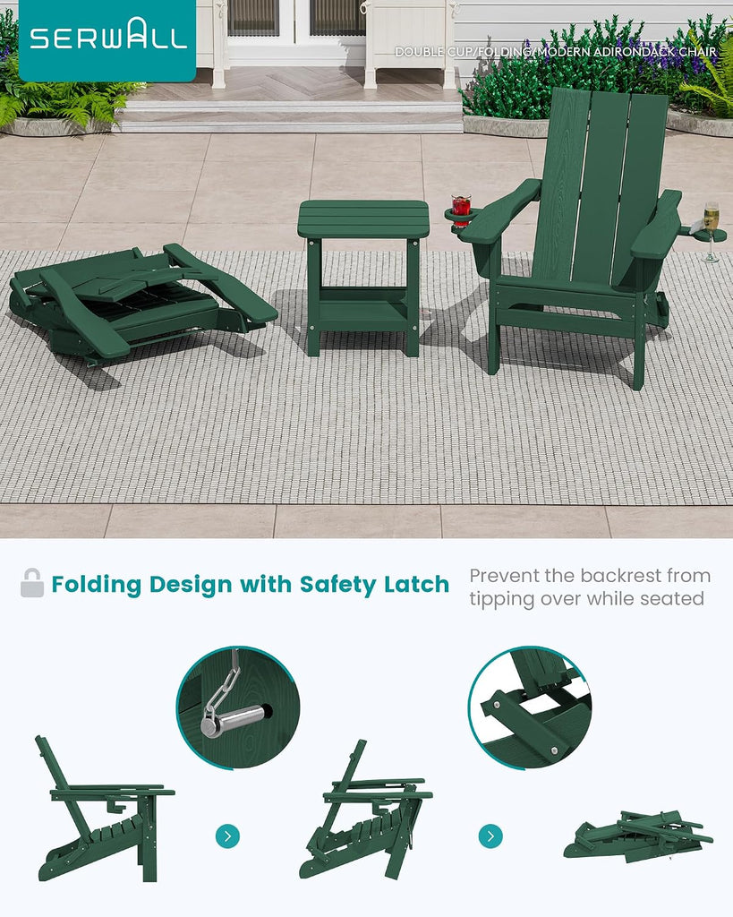 Modern Folding Adirondack Chairs Set of 2, HDPE, Cup Holders, Green | Outdoor All-Weather Lawn Adirondack Chairs Wood