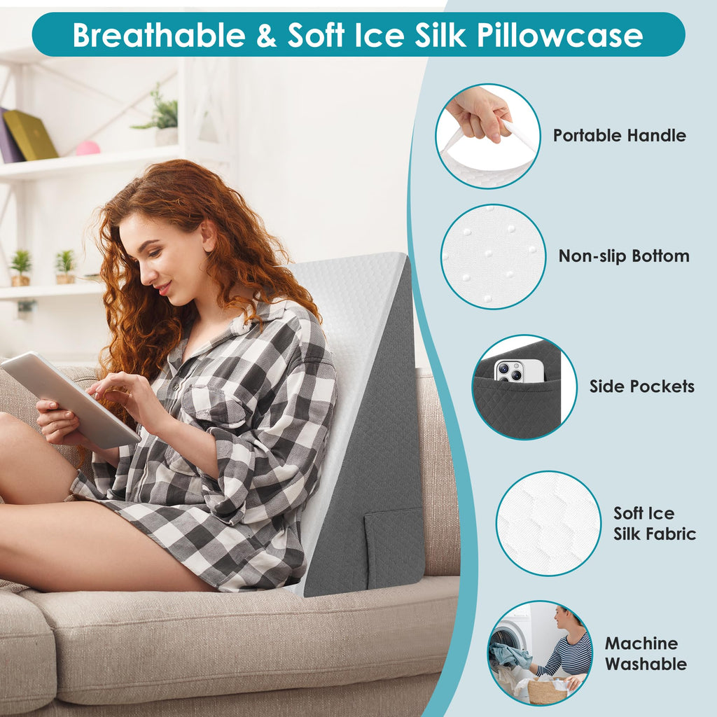 12 inch Bed Wedge Pillow for Sleeping, Reading & Resting, Cooling Memory Foam Incline Pillow Wedge for Adults