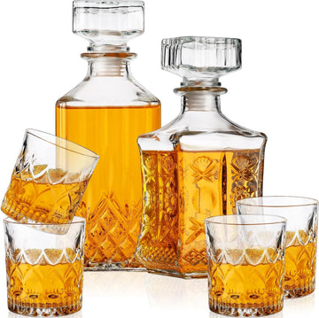 Whiskey Decanter Set with 2 Glass Decanters and 4 Glasses, 31oz and 28oz Liquor Decanter Set for Tequila Bourbon - Set of 3