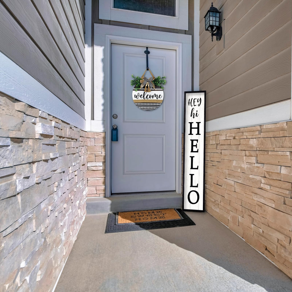 Hey Hi Hello Welcome Sign For Front Porch Standing 45"X9" Large Outdoor Tall Wood Frame Vertical Wall Decor Rustic