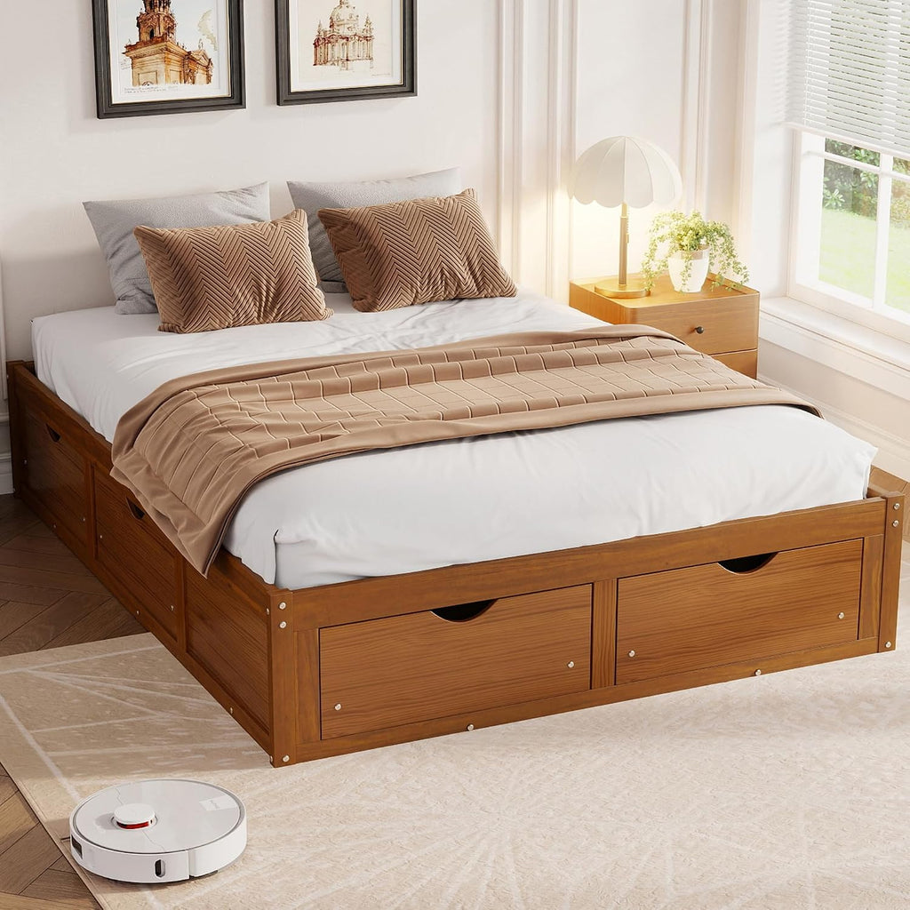 Wood Bed Frame with 6 Storage Drawers, No Headboard, Walnut