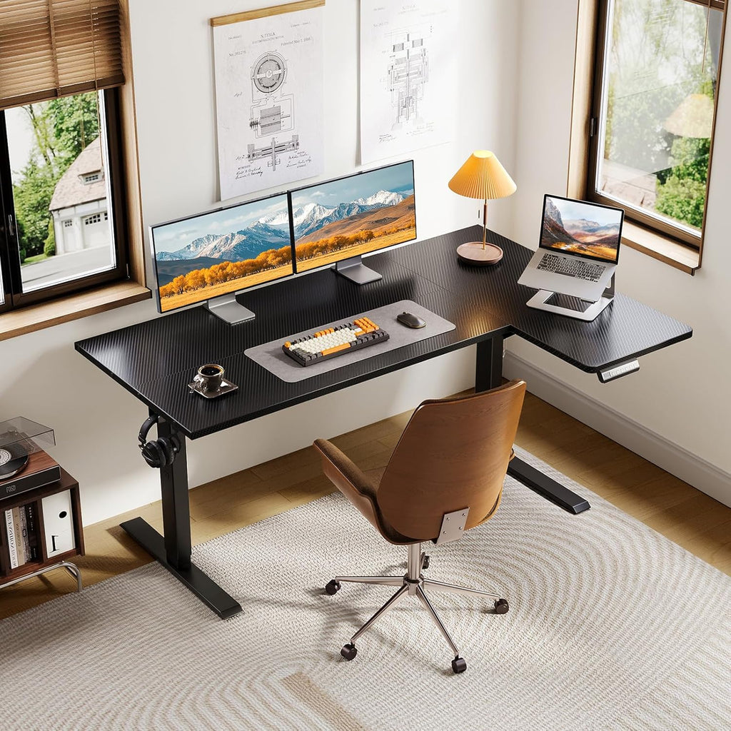 55" Reversible L Shaped Electric Standing Desk, Carbon Fiber Black | Corner Height Adjustable Computer Table, Stand
