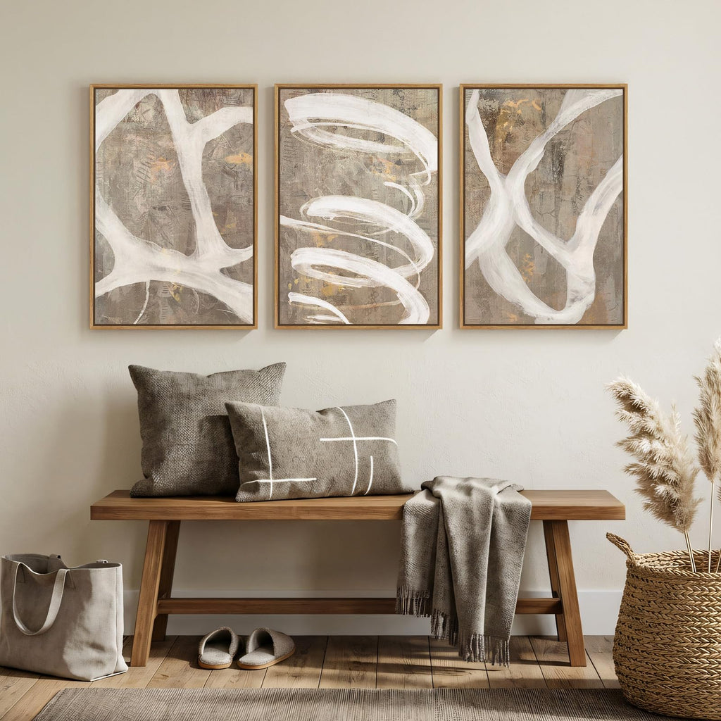 Framed Neutral Beige Abstract Wall Art, 3 Piece Set, 16x24 In