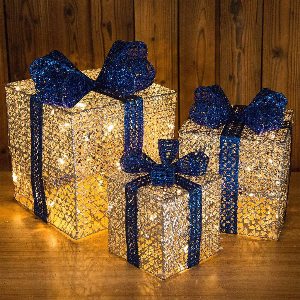 3 PCS Christmas Lighted Gift Boxes Decor 7.5"/5.9"/4.7" Silver