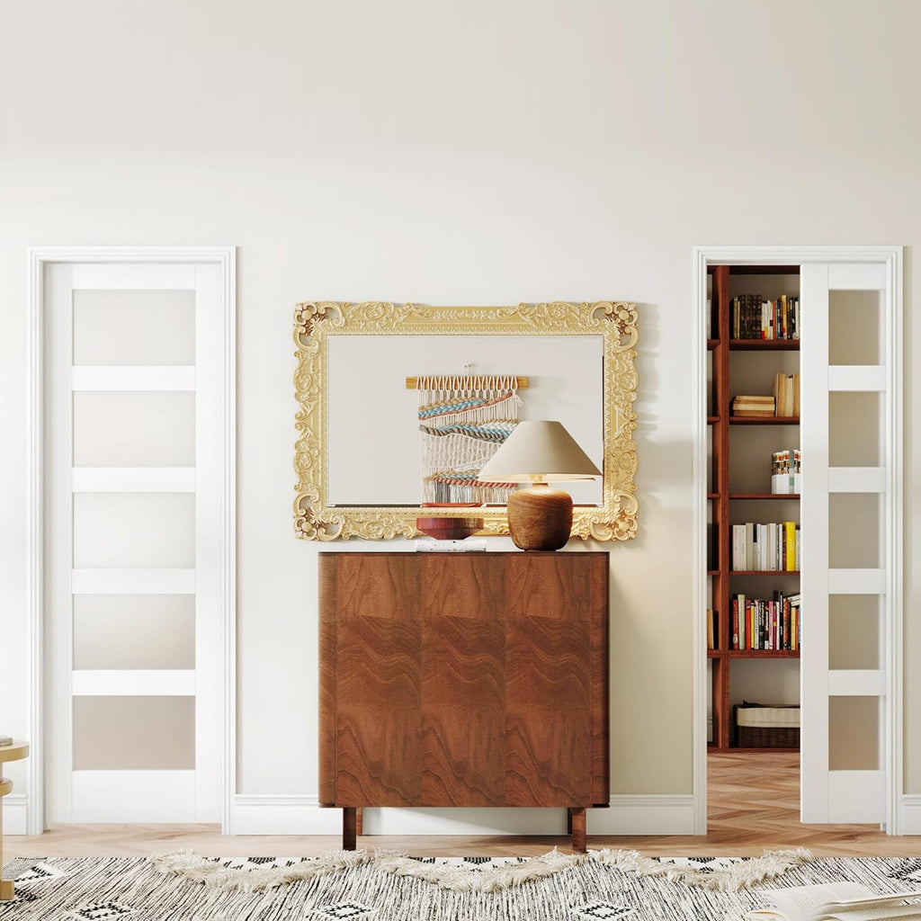 Pocket Door, 32" x 80" Concealed Sliding Closet Doors, 5 Lites Tempered Frosted Glass Pantry Doors, 