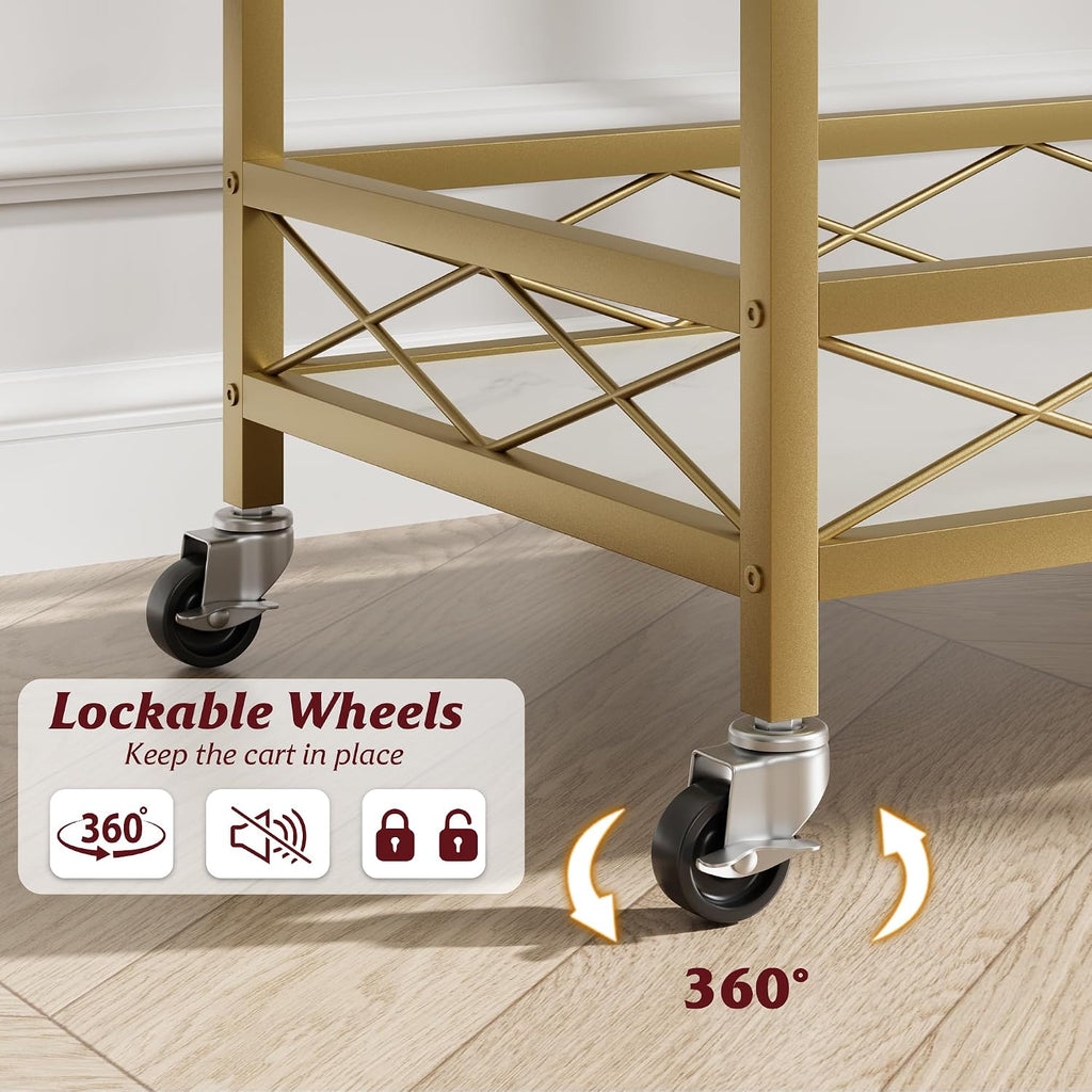Gold Bar Cart with White Marble Shelves, Slim Serving Cart | Lockable 360° swivel wheels and anti-scratch foot pads