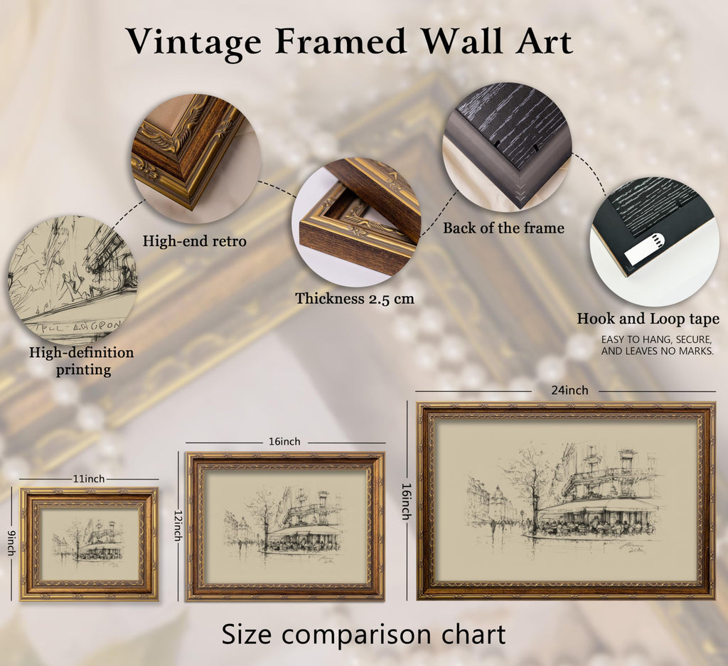 Vintage Gold Framed Black and White Sketch Wall Art French Cafe Sketch Canvas Prints Retro Paris City Landscape